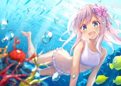 Rule 34 | 1girl, air bubble, bare legs, barefoot, bikini, blue eyes, blush, bubble, collarbone, commentary request, crab, fish, floating hair, freediving, hair ornament, hair ribbon, highres, kantai collection, light rays, long hair, mafuyun, navel, ocean, one-piece tan, open mouth, outdoors, ribbon, ro-500 (kancolle), silver hair, smile, solo, submerged, swimming, swimsuit, tan, tanline, underwater, water, white bikini, yellow tang