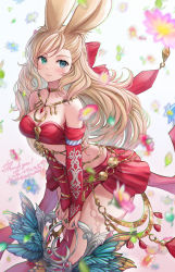 Rule 34 | 1girl, animal ears, warrior of light (ff14), blonde hair, blue eyes, bow, breasts, cleavage, commission, dancer, dancer (final fantasy), elbow gloves, final fantasy, final fantasy xiv, flower, gloves, green eyes, hair bow, highres, long hair, looking at viewer, mirukurim, mole, mole under eye, multicolored eyes, rabbit ears, rabbit girl, revealing clothes, skeb commission, smile, thighs, viera