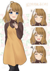 Rule 34 | 1girl, :d, = =, ^ ^, aged up, binsen, blunt bangs, blush, brown hair, character age, character name, closed eyes, dress, expression chart, expressions, face, floral background, flying sweatdrops, hand on own chest, happy, highres, idolmaster, idolmaster million live!, jewelry, looking at viewer, married, medium hair, musical note, open mouth, pantyhose, pinafore dress, ring, sad, short hair, sigh, sleeveless, sleeveless dress, smile, squiggle, suou momoko, tears, wedding ring