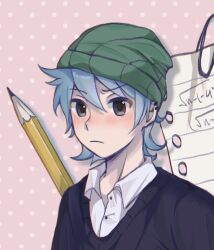 Rule 34 | 1boy, alternate hair color, aoihiraki, aubrey (faraway) (omori), aubrey (omori), black sweater, blush, closed mouth, collared shirt, cropped, ear piercing, genderswap, genderswap (mtf), grey eyes, highres, looking at viewer, male focus, omori, paper, paperclip, pencil, piercing, shirt, short hair, solo, sweater, white shirt