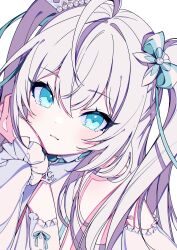 Rule 34 | 1girl, absurdres, ahoge, bare shoulders, blue bow, blue eyes, blush, bow, close-up, closed mouth, commentary, detached sleeves, dot nose, dutch angle, hair between eyes, hair bow, hand on own cheek, hand on own face, highres, indie virtual youtuber, long sleeves, looking at viewer, petr petrichor, shirt, sidelocks, simple background, sleeveless, sleeveless shirt, smile, solo, striped bow, symbol-only commentary, tatejima uri, twintails, upper body, white background, white hair, white shirt, white sleeves