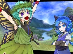 Rule 34 | 2girls, aqua hair, arm up, blue bow, blue dress, blue eyes, blue hair, bow, butterfly wings, cirno, crossed arms, day, detached wings, dress, eternity larva, facial tattoo, fairy, fangs, green dress, hair between eyes, hair bow, head wreath, ice, ice wings, insect wings, leaf, leaf on head, multicolored clothes, multicolored dress, multiple girls, open mouth, purple eyes, ryuuichi (f dragon), short hair, short sleeves, smile, snowflake pupils, symbol-shaped pupils, tattoo, touhou, wings