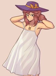 Rule 34 | 1girl, a hat in time, adjusting hair, aged up, alternate costume, arms behind head, bare arms, bare shoulders, blue eyes, blush, bow, brown hair, closed mouth, collarbone, cowboy shot, dress, flat chest, fujimna, hair between eyes, half-closed eyes, hands in hair, hat, hat kid, highres, hourglass, jewelry, looking at viewer, medium hair, necklace, purple hat, see-through, see-through silhouette, short ponytail, sidelocks, simple background, solo, standing, sundress, white dress, yellow bow