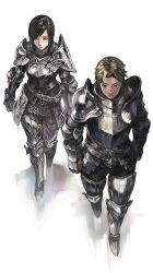 Rule 34 | 1boy, 1girl, aoin, armor, belt, black hair, blonde hair, blue eyes, breastplate, clenched hand, clenched hands, couter, faulds, from above, gauntlets, greaves, grey eyes, highres, knight, original, pauldrons, plate armor, short hair, shoulder armor, simple background, walking