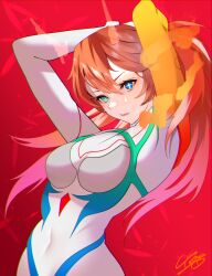 Rule 34 | 1girl, absurdres, arms up, blue eyes, bodysuit, breasts, brown hair, covered navel, evangelion: 3.0+1.0 thrice upon a time, heterochromia, highres, lips, long hair, looking at viewer, medium breasts, neon genesis evangelion, plugsuit, rebuild of evangelion, red background, simple background, skin tight, smile, solo, souryuu asuka langley, two side up, very long hair, white bodysuit, wide hips
