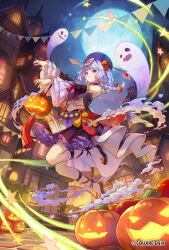 Rule 34 | absurdres, blue hair, blush, braid, character request, chinese clothes, dress, frilled dress, frills, ghost, hair ornament, hair rings, halloween, halloween costume, happy halloween, hat, hat ornament, highres, jack-o&#039;-lantern, jack-o&#039;-lantern hair ornament, jiangshi, jiangshi costume, kyusoukyu, light blue hair, looking at viewer, moon, official art, ofuda, outstretched arms, pumpkin, purple dress, purple headwear, qingdai guanmao, romancing saga re;universe, smile, talisman, zombie pose