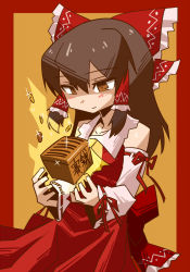 Rule 34 | 1girl, bad id, bad pixiv id, bow, box, brown eyes, brown hair, coin, commentary request, detached sleeves, donation box, dress, floating, floating object, framed, hair bow, hair tubes, hakurei reimu, long sleeves, money, namakara exe, outside border, red dress, ribbon-trimmed sleeves, ribbon trim, shaded face, solo, sparkle, stand (jojo), touhou