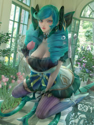 Rule 34 | 1girl, ahoge, blue eyes, blue hair, blush, breasts, cleavage, close-up, drill hair, flower, gloves, gwen (league of legends), high heels, huge breasts, large breasts, league of legends, lipstick, long hair, makeup, matching hair/eyes, rain wzq, ribbon, solo, thighhighs, twin drills, twintails