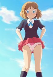 Rule 34 | 1girl, absurdres, black socks, black sweater, blonde hair, blouse, blue bow, blue bowtie, blue eyes, blush, bow, bowtie, breasts, clothes writing, cloud, collared shirt, cosplay, creatures (company), game freak, gazing eye, hands on own hips, highres, kneehighs, lass (pokemon), lass (pokemon) (cosplay), looking down, medium breasts, nintendo, panties, pink panties, pokemon, pokemon (anime), pokemon xy, pokemon xy (anime), red skirt, serena (pokemon), shirt, short hair, short sleeves, skirt, sky, smile, socks, solo, sweater, text on panties, underwear, upskirt, white shirt