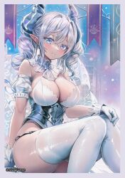 Rule 34 | 1girl, breasts, cleavage, demon girl, demon horns, demon wings, dress, duel monster, gloves, grey eyes, highres, horns, large breasts, leotard, leotard under clothes, looking at viewer, lovely labrynth of the silver castle, low wings, multiple wings, pointy ears, smile, solo, staryume, thighhighs, transparent wings, twintails, white hair, white horns, wings, yu-gi-oh!