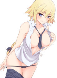 Rule 34 | 1girl, absurdres, between breasts, black panties, blonde hair, blue eyes, blush, braid, breasts, dress shirt, fate/apocrypha, fate (series), groin, hair between eyes, highres, inverted nipples, jeanne d&#039;arc (fate), jeanne d&#039;arc (girl from orleans) (fate), jeanne d&#039;arc (ruler) (fate), large breasts, leaning forward, long braid, long hair, looking at viewer, loose necktie, necktie, necktie between breasts, nipples, no bra, open clothes, panties, panty pull, partially undressed, shirt, single braid, skirt, smile, solo, thealagator, underwear, undressing, white background