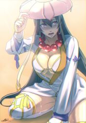Rule 34 | 1girl, adjusting clothes, adjusting headwear, arm support, bead necklace, beads, bikini, black hair, breasts, bridal gauntlets, cleavage, earrings, fate/grand order, fate (series), gradient background, hat, jewelry, large breasts, long hair, looking to the side, necklace, open mouth, oui lion, prayer beads, ribbon-trimmed sleeves, ribbon trim, shaded face, signature, solo, sweat, swimsuit, thighs, xuangzang sanzang (fate)