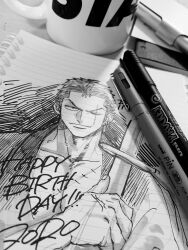 Rule 34 | 1boy, bad id, bad twitter id, ballpoint pen (medium), en (omqpom), happy birthday, highres, holding, holding sword, holding weapon, large pectorals, looking at viewer, male focus, one piece, pectoral cleavage, pectorals, photo (medium), roronoa zoro, scar, scar across eye, short hair, smile, solo, straight-on, sword, traditional media, tsurime, weapon