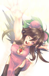 Rule 34 | 1girl, ;d, arm up, bad id, bad pixiv id, black hair, black thighhighs, bow, brown hair, bun cover, china dress, chinese clothes, cleavage cutout, clothing cutout, double bun, dress, female focus, from above, hair bow, hair bun, long hair, looking at viewer, mochi.f, one eye closed, open mouth, outstretched arm, red eyes, reiuji utsuho, smile, solo, thighhighs, third eye, touhou, wings, wink