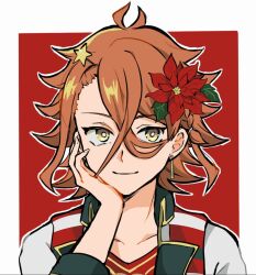 Rule 34 | 1boy, closed mouth, earrings, fire emblem, fire emblem engage, flower, hair between eyes, hair flower, hair ornament, hand on own face, highres, jewelry, male focus, nintendo, oda32t, orange hair, pandreo (fire emblem), short hair, simple background, yellow eyes