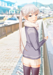 Rule 34 | 1girl, black thighhighs, blush, bridge, car, coat, commentary, day, grey eyes, looking at viewer, motor vehicle, original, outdoors, railing, real world location, scarf, scenery, silver hair, skirt, smile, solo, soshina nohito, standing, thighhighs, twintails, white scarf, white skirt