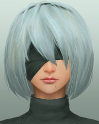 Rule 34 | 1girl, bad id, bad pixiv id, blindfold, covered eyes, fateline alpha, grey background, grey hair, highres, lips, mole, mole under mouth, nier:automata, nier (series), portrait, short hair, simple background, solo, 2b (nier:automata)