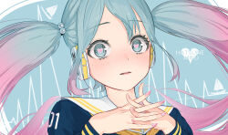 Rule 34 | 1girl, absurdres, bananafish1111, blue eyes, blue hair, blush, gradient hair, hatsune miku, heart, heart-shaped pupils, highres, long hair, looking at viewer, multicolored hair, parted lips, pink hair, pink nails, school uniform, serafuku, solo, symbol-shaped pupils, twintails, vocaloid
