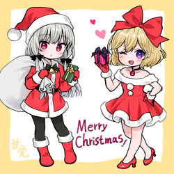 Rule 34 | 2girls, ;d, ama-tou, bare shoulders, black pantyhose, black ribbon, blonde hair, boots, box, brown background, christmas, commentary request, dress, elly (tonari no kyuuketsuki-san), fur-trimmed gloves, fur trim, gift, gift box, gloves, grey hair, hair between eyes, hair over shoulder, hair ribbon, hand on own hip, hand up, hat, heart, high heels, holding, holding gift, holding sack, long hair, multiple girls, off-shoulder dress, off shoulder, one eye closed, open mouth, pantyhose, purple eyes, red dress, red footwear, red gloves, red headwear, ribbon, sack, santa costume, santa hat, shoes, smile, sophie twilight, tonari no kyuuketsuki-san, two-tone background, very long hair, white background