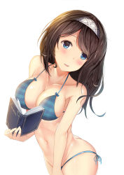 Rule 34 | 10s, 1girl, alternate costume, arched back, ass, bare shoulders, bikini, black hair, blue bikini, blue eyes, blush, book, breasts, butt crack, cleavage, collarbone, commentary request, hairband, head tilt, highres, holding, holding book, idolmaster, idolmaster cinderella girls, large breasts, long hair, looking at viewer, muren k1ht, navel, parted lips, sagisawa fumika, sideboob, simple background, solo, swimsuit, white background