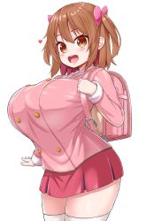 Rule 34 | 1girl, :d, backpack, bag, blush, bow, breasts, brown eyes, brown hair, chiroshiron, hair bow, heart, highres, huge breasts, miniskirt, open mouth, oppai loli, original, randoseru, school uniform, short hair, simple background, skirt, smile, solo, standing, thighhighs, tongue, twintails, white background, white thighhighs, zettai ryouiki