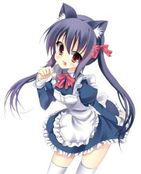 Rule 34 | 1girl, animal ears, apron, black hair, brown eyes, cat ears, chamo (milky way), dress, i scream, k-on!, long hair, maid, maid apron, nakano azusa, paw pose, simple background, solo, thighhighs, twintails, white background