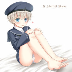 Rule 34 | 10s, 1girl, barefoot, bed sheet, blue eyes, character name, dress, feet, full body, hanazome dotera, hat, heart, kantai collection, legs folded, long sleeves, looking at viewer, md5 mismatch, panties, peaked cap, sailor collar, sailor dress, sailor hat, short hair, silver hair, sitting, solo, toes, underwear, white background, white panties, white theme, z1 leberecht maass (kancolle)