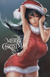 Rule 34 | 1girl, aran sweater, armpits, backless dress, backless outfit, black background, black hair, bo xun lin, breasts, brown eyes, cable knit, christmas, commentary, dress, english commentary, english text, fur collar, fur trim, hat, highres, lips, looking at viewer, medium breasts, meme attire, merry christmas, naked sweater, nose, original, red dress, santa hat, solo, sweater, sweater dress, virgin killer sweater