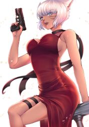 Rule 34 | 1girl, ada wong, ada wong (cosplay), animal ears, bad anatomy, breasts, cat ears, cosplay, dutch angle, facial mark, final fantasy, final fantasy xiv, grey eyes, grey hair, gun, handgun, large breasts, miqo&#039;te, open mouth, pixie (pixieinktvis), pouch, resident evil, resident evil 2, resident evil 2 (remake), scarf, sitting, solo, thigh pouch, trigger discipline, weapon, whisker markings, white hair, y&#039;shtola rhul