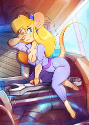 Rule 34 | 1girl, animal ears, ass, barefoot, belt, blonde hair, blue eyes, blue jumpsuit, breasts, chip &#039;n dale rescue rangers, cleavage, clothing cutout, commentary, day, english commentary, full body, furry, furry female, gadget hackwrench, goggles, goggles on head, highres, jumpsuit, long hair, mechanic, medium breasts, mini person, minigirl, mouse ears, mouse girl, mouse tail, purple jumpsuit, snout, solo, spirale, sweat, tail, tail through clothes, wrench