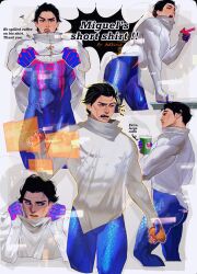 Rule 34 | 1boy, alternate skin color, animal print, artist name, ass, bara, black hair, blue bodysuit, bodysuit, closed mouth, clothes lift, cup, english text, highres, holding, holding cup, k5verse, large pectorals, male focus, marvel, miguel o&#039;hara, multiple views, muscular, muscular male, open mouth, pectorals, red bodysuit, shirt, shirt lift, short hair, spider-man: across the spider-verse, spider-man (2099), spider-man (series), spider-verse, spider print, white shirt