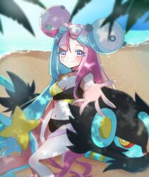 alternate_costume creatures_(company) game_freak gen_4_pokemon highres iono_(pokemon) luxray nintendo pink_eyes pink_hair pokemon pokemon_(creature) pokemon_sv swimsuit yngon_(hwxf5232)