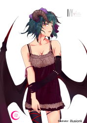 Rule 34 | 1girl, aqua hair, arm grab, asymmetrical clothes, blue hair, bow, demon wings, elbow gloves, gloves, hair bow, highres, horns, illusionk, multicolored eyes, open mouth, original, parted lips, red eyes, ribbon, short hair, single elbow glove, single glove, single thighhigh, smile, solo, tattoo, thighhighs, wings, yellow eyes