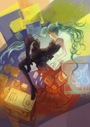 Rule 34 | 1girl, abstract background, afra, alternate costume, aqua hair, bad id, bad pixiv id, bare shoulders, black dress, black thighhighs, bow, cube, dress, hatsune miku, long hair, looking at viewer, solo, spaghetti strap, thighhighs, twintails, vocaloid