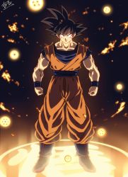 Rule 34 | 1boy, arms at sides, bad id, bad twitter id, black eyes, black hair, blue footwear, boots, clenched hands, commentary request, dark background, darkness, dougi, dragon ball, dragon ball (object), dragonball z, full body, glowing, grin, highres, legs apart, lens flare, light, light particles, light rays, looking at viewer, male focus, orange theme, pectorals, shaded face, signature, smile, solo, son goku, spiked hair, standing, tasaka shinnosuke, wristband