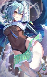 Rule 34 | 1girl, absurdres, arms behind head, blue bow, blue hair, bodysuit, bow, braid, breasts, brown bodysuit, closed mouth, commentary request, covered navel, fox girl, fox tail, garter straps, hair bow, highres, huge filesize, lavie (pride of eden), legs, looking at viewer, md5 mismatch, medium breasts, red: pride of eden, roco (rocoroco1115), short hair, smile, solo, tail, thighhighs, thighs, twin braids, white thighhighs, yellow eyes