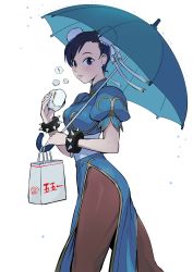 Rule 34 | !, 1girl, absurdres, bag, baozi, black hair, blue eyes, blush, bracelet, bun cover, capcom, china dress, chinese clothes, chun-li, double bun, dress, eating, food, hair between eyes, hasesese, highres, holding, holding food, holding umbrella, jewelry, looking at viewer, pantyhose, pelvic curtain, puffy short sleeves, puffy sleeves, rain, short hair, short sleeves, solo, spiked bracelet, spikes, standing, street fighter, umbrella, walking