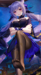 Rule 34 | 1girl, absurdres, artist request, crossed arms, feet, genshin impact, highres, keqing (genshin impact), keqing (opulent splendor) (genshin impact), light purple hair, long hair, looking at viewer, night, night sky, pantyhose, parted lips, pink eyes, sky, soles, toes, twintails