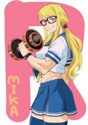 Rule 34 | 1girl, alternate costume, blon, blonde hair, blue eyes, capcom, character name, dumbbell, glasses, highres, makinaru, muscular, pig tail, rainbow mika, school uniform, skirt, smile, solo, street fighter, tail, thighhighs, watch