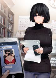 Rule 34 | 1girl, absurdres, black hair, black sweater, blue eyes, blue pants, blunt bangs, blurry, blurry foreground, blush, bob cut, book, bookshelf, breasts, cellphone, cellphone photo, clock, closed mouth, clothes lift, commentary request, denim, desk, dojirou, highres, holding, holding paper, holding phone, indoors, jeans, large breasts, long sleeves, looking at viewer, mole, mole under eye, original, pants, paper, phone, photo comparison, short hair, smartphone, standing, sweater, sweater lift, text messaging, turtleneck, turtleneck sweater