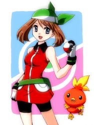 Rule 34 | 00s, 1girl, :d, arm at side, bag, bandana, bare arms, bare shoulders, bike shorts, blue eyes, breasts, brown hair, clenched hand, collared dress, creatures (company), dress, fanny pack, female focus, game freak, gen 3 pokemon, gloves, green bag, green bandanna, hand on own hip, hand up, happy, hip focus, holding, holding poke ball, legs, looking at viewer, may (pokemon), may (pokemon emerald), medium breasts, multicolored clothes, multicolored gloves, nanashishi (ellenjp), neck, nintendo, open mouth, poke ball, poke ball (basic), pokemon, pokemon (anime), pokemon (creature), pokemon emerald, pokemon rse, red dress, short hair, sleeveless, sleeveless dress, smile, standing, torchic, white gloves