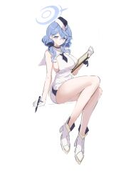 Rule 34 | 1girl, absurdres, ako (blue archive), alternate costume, bare legs, blue archive, blue eyes, blue hair, boczitok, breasts, dress, garrison cap, gloves, halo, hat, high heels, highres, holding, holding notepad, holding pen, invisible chair, large breasts, looking at viewer, necktie, notepad, pen, pencil dress, short necktie, sideboob, simple background, sitting, sketch, sleeveless, sleeveless dress, solo, utnapishtim operator uniform (blue archive), white dress, white footwear, white gloves