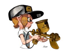 Rule 34 | 1girl, aerospray (splatoon), baseball cap, black hat, blonde hair, breasts, closed mouth, cropped torso, female focus, from side, hands up, happy, hat, highres, holding, holding weapon, inkling, inkling girl, inkling player character, matching hair/eyes, nintendo, pointy ears, profile, shirt, shogo (shogo70449442), short hair, short sleeves, sidelocks, simple background, small breasts, smile, solo, splatoon (series), tentacle hair, tentacles, two-handed, upper body, weapon, white background, white shirt, yellow eyes
