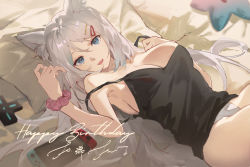 Rule 34 | 1girl, animal ear fluff, animal ears, bed sheet, black dress, blue eyes, blue hair, breasts, camisole, cleavage, dress, gradient hair, grey hair, happy birthday, highres, large breasts, looking at viewer, lying, meridian project, mizuki (vtuber), multicolored hair, nintendo switch, on back, on bed, pillow, scrunchie, solo, strap slip, tsuiru, virtual youtuber, wrist scrunchie