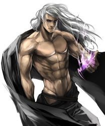 Rule 34 | 1990s (style), 1boy, expressionless, final fantasy, final fantasy iv, final fantasy iv: the after years, golbez, long hair, magic, male focus, moreshan, muscular, purple eyes, sash, topless male, solo, white background, white hair