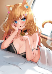Rule 34 | 1girl, :o, absurdres, animal ear fluff, animal ears, aoi kurora, bad id, bad pixiv id, bell, black bra, black choker, blonde hair, blush, bra, breasts, cat ears, cat girl, cat tail, choker, cleavage, ear piercing, hand on own cheek, hand on own face, head rest, highres, jingle bell, large breasts, long hair, neck bell, on bed, original, paw hair ornament, paw pose, piercing, solo, tail, under covers, underwear, window