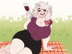 Rule 34 | 1girl, :d, alcohol, black shorts, blonde hair, blush, bow, braid, breasts, brown shirt, cleavage, collarbone, commentary, cup, curvy, drinking glass, english commentary, grass, hair bow, hair over shoulder, highres, holding, holding cup, huge breasts, looking at viewer, medium hair, mole, mole on breast, mole under mouth, open mouth, original, outdoors, picnic, plump, red bow, red eyes, ronyavalentine, shirt, short sleeves, shorts, simple background, smile, solo, thick eyebrows, wine, wine glass