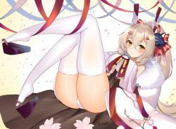 Rule 34 | 1girl, ayanami (azur lane), ayanami (pulse of the new year) (azur lane), azur lane, bare shoulders, blonde hair, blush, chan&#039;nu, commentary request, fox mask, hair between eyes, hair ornament, headgear, japanese clothes, long hair, long sleeves, looking at viewer, mask, mask on head, panties, ponytail, skirt, smile, solo, thighhighs, underwear, white panties, white thighhighs, wide sleeves
