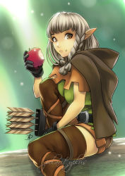 Rule 34 | 1girl, apple, arrow (projectile), boots, braid, brown eyes, brown footwear, cloak, dragon&#039;s crown, elf, elf (dragon&#039;s crown), food, food on face, fruit, gloves, hugging own legs, leather, leather boots, legs, pointy ears, polarityplus, quiver, solo, thigh boots, thighhighs, thighs, twin braids, zettai ryouiki