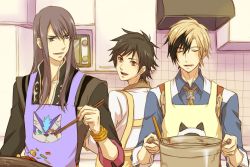 Rule 34 | 00s, 3boys, apron, artist request, back, black eyes, black hair, blonde hair, bracelet, cooking, crossover, closed eyes, indoors, jewelry, jude mathis, kitchen, long hair, looking back, ludger will kresnik, male focus, multicolored hair, multiple boys, open mouth, pot, red eyes, short hair, smile, tales of (series), tales of vesperia, tales of xillia, two-tone hair, yuri lowell